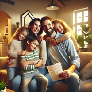 A happy family, consisting of a mother, father, son, and daughter, embraces and smiles in their living room after saving their home from foreclosure. The room is cozy with warm lighting and family decorations.