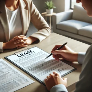 A landlord and tenant are seated at a table, calmly reviewing a lease agreement in a well-maintained rental property with a clean, simple interior.
