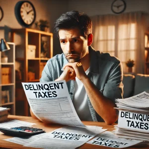 : A concerned homeowner looking at delinquent tax documents at a table