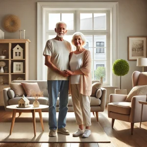 A smiling elderly couple standing in their bright, cozy, downsized home holding hands.
