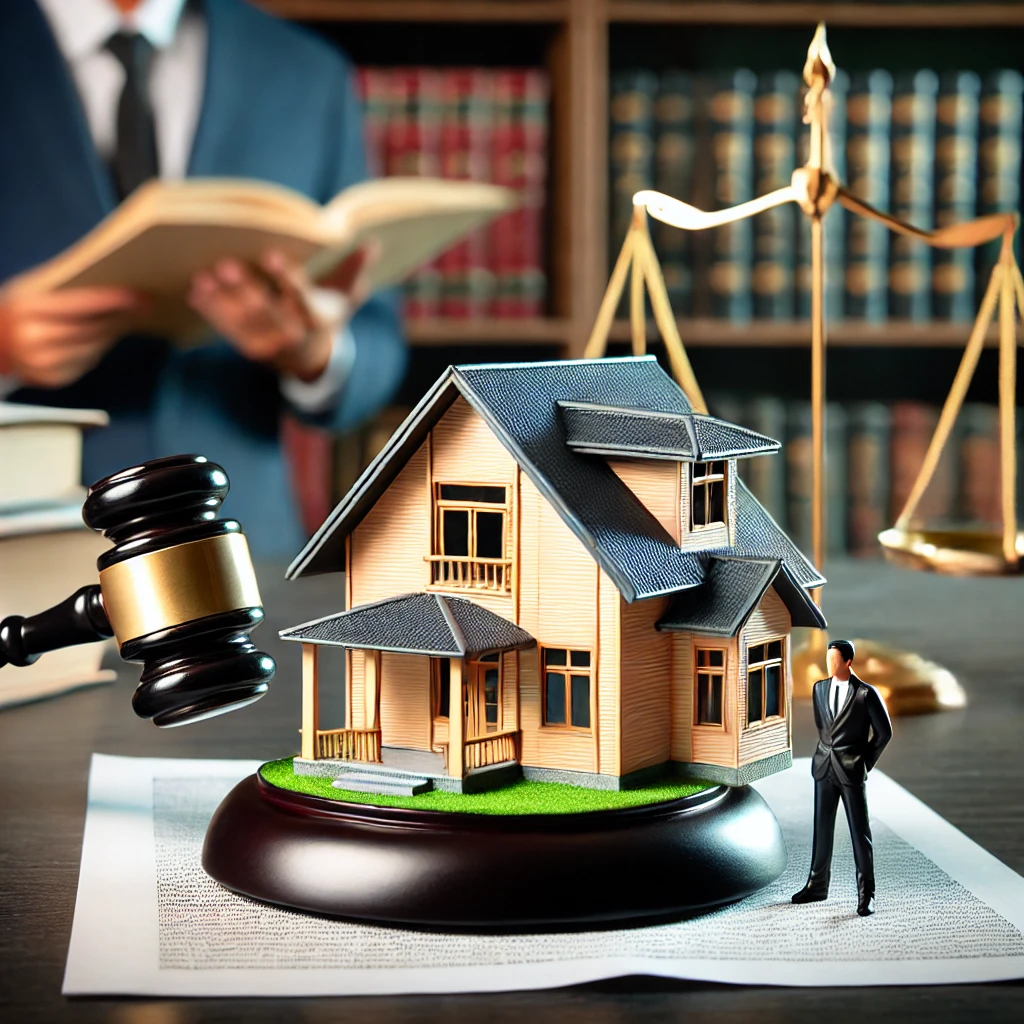 A property dispute involving a house, with a legal logo and documents in the foreground.