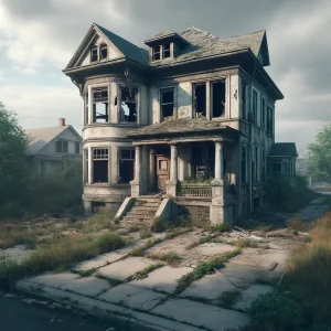 Dilapidated vacant house with broken windows, crumbling walls, and overgrown yard.