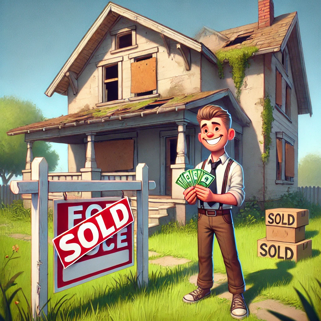 Happy seller holding cash after selling a vacant, neglected house with a 'Sold' sign.