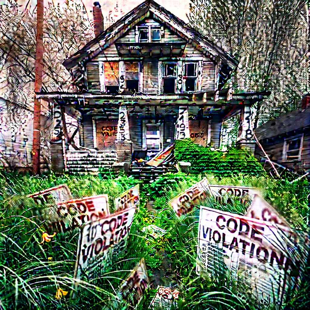 "Vacant house with high grass, broken windows, and visible code violation signs in the yard."