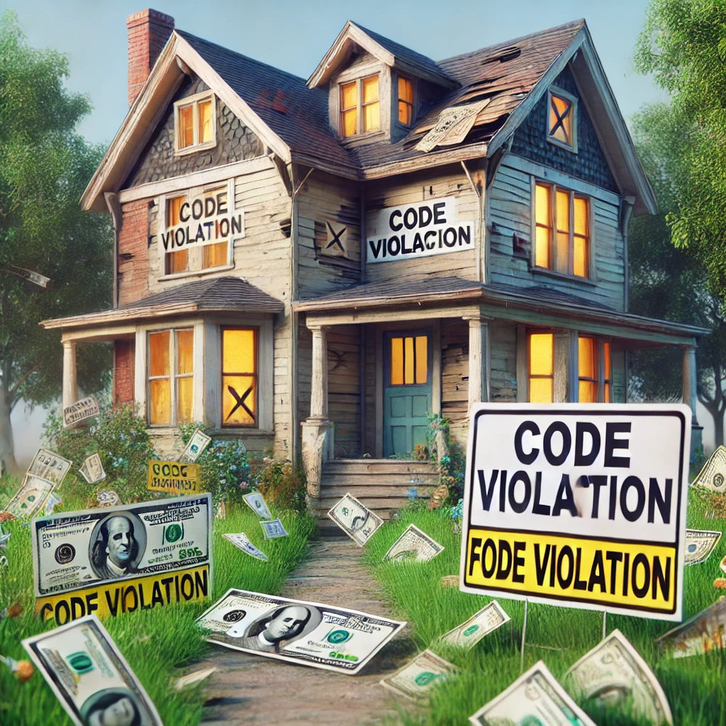"Vacant house surrounded by code violation signs and scattered dollar bills, symbolizing financial drain from neglect."