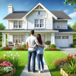 A happy couple standing with arms around each other, facing a beautiful white suburban house with a welcoming front porch. The house is surrounded by vibrant flowers, green grass, and a clear blue sky, conveying a joyful and satisfied mood.