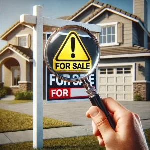Close-up of a hand holding a magnifying glass over a 'For Sale' sign in front of a suburban house. The magnifying glass highlights a small warning symbol on the sign, symbolizing the need for caution and careful inspection when selling a home.