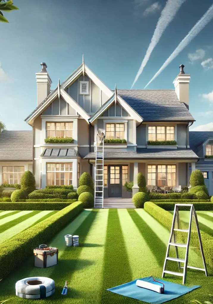 photograph of a beautifully maintained home under clear skies, with neatly trimmed lawns and freshly painted exterior (1) a photograph of a beautifully maintained home under clear skies with neatly trimmed lawns and freshly painted exterior
